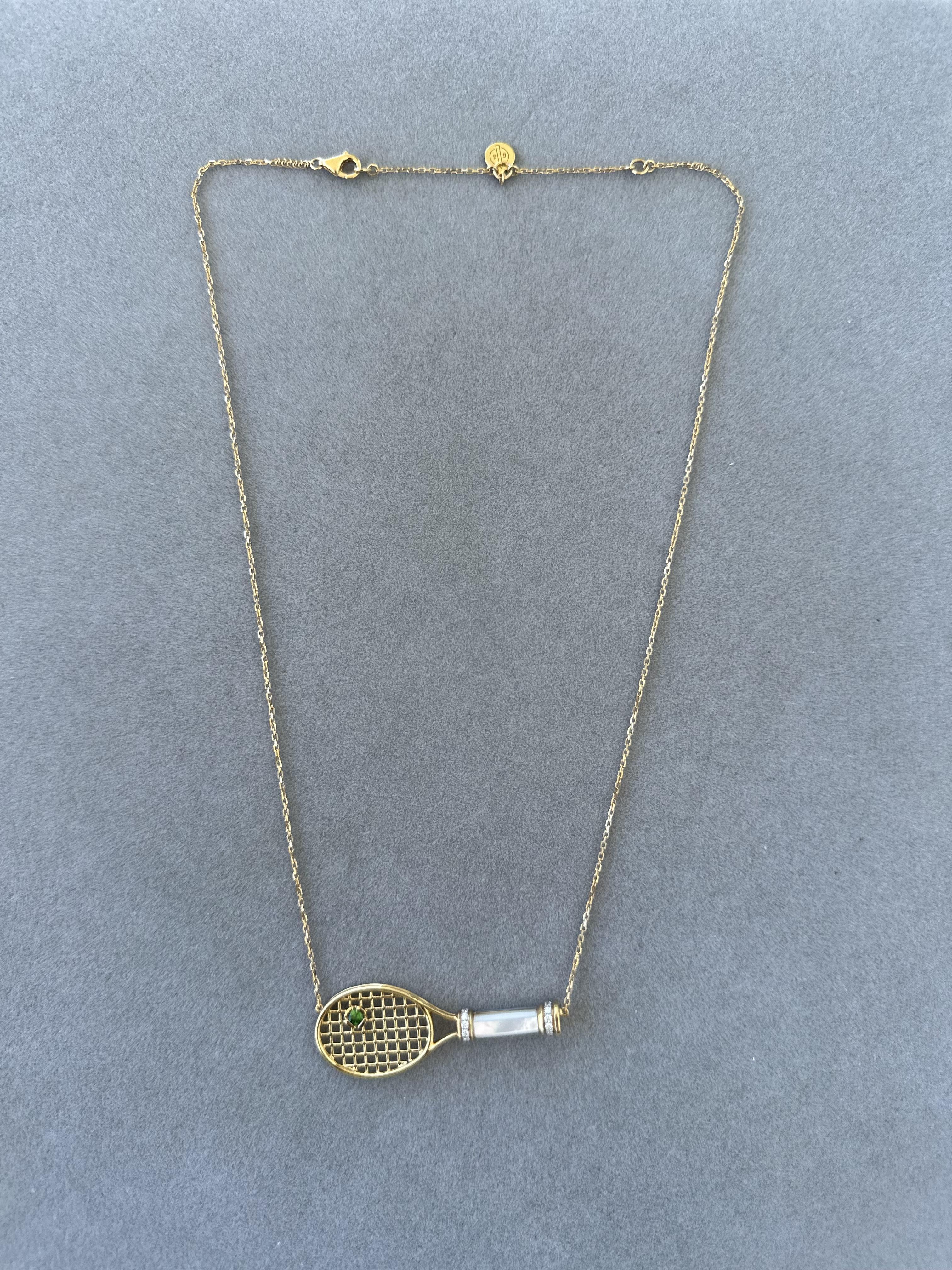 Diamond White Pearl Emerald 18 Karat Gold Tennis Racket Charm Pendant Necklace