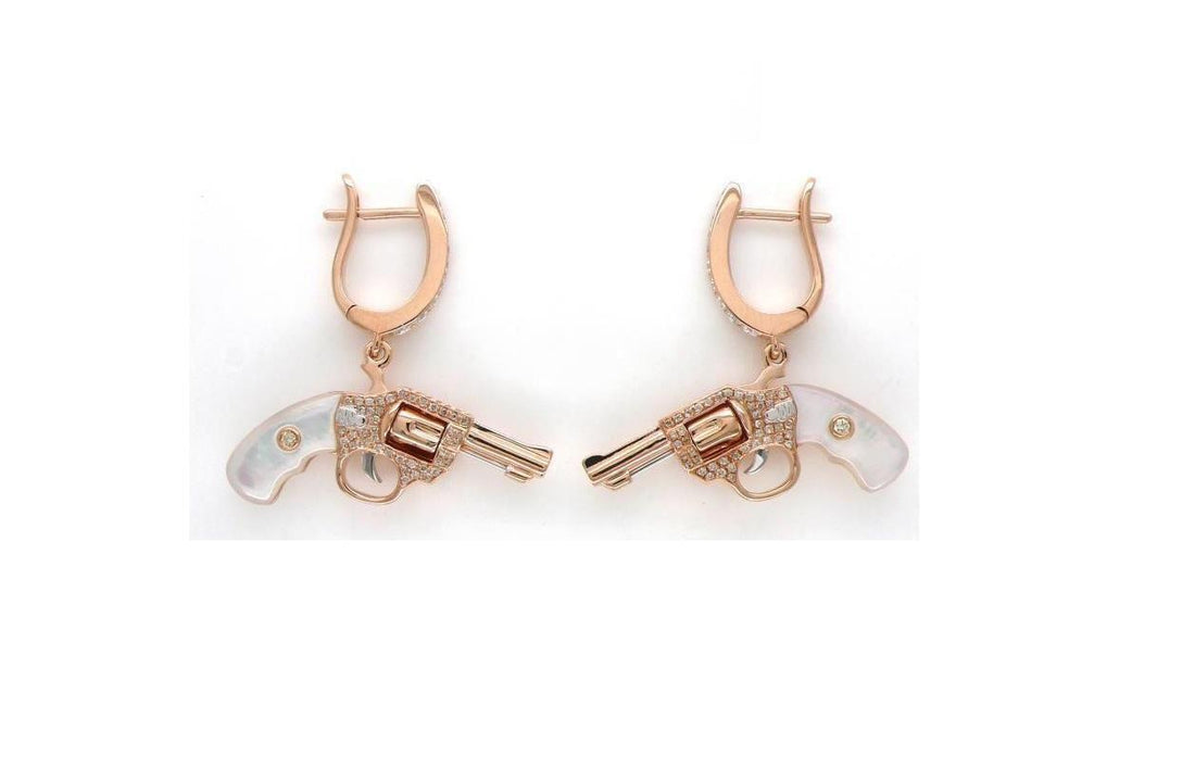 Diamond White Pearl Gun Revolver 18 Karat Rose Gold Huggie Pave Drop Earrings