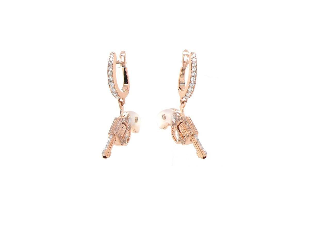 Diamond White Pearl Gun Revolver 18 Karat Rose Gold Huggie Pave Drop Earrings