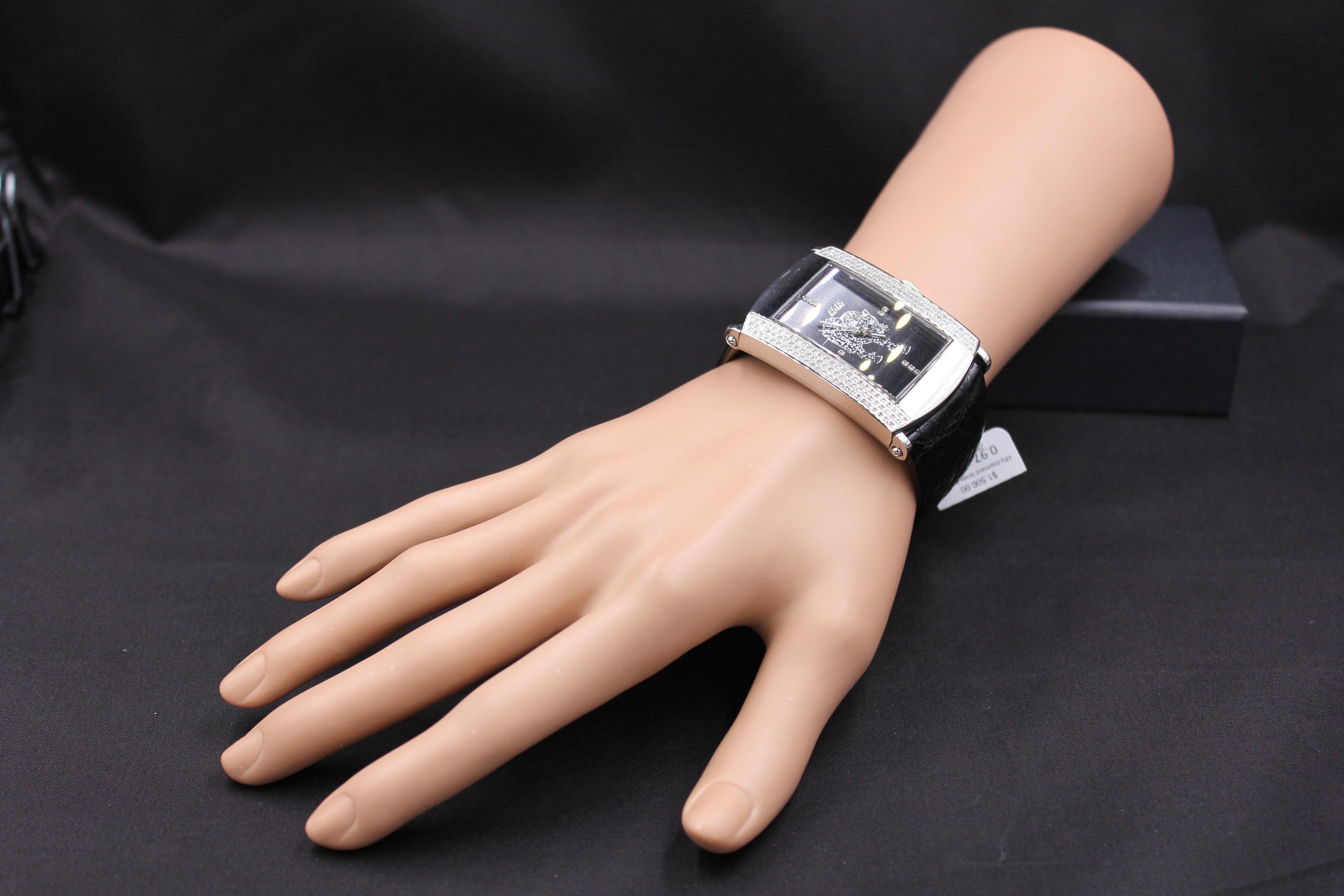 Diamonds Pave Dial Luxury Swiss Quartz Exotic Leather Band Watch