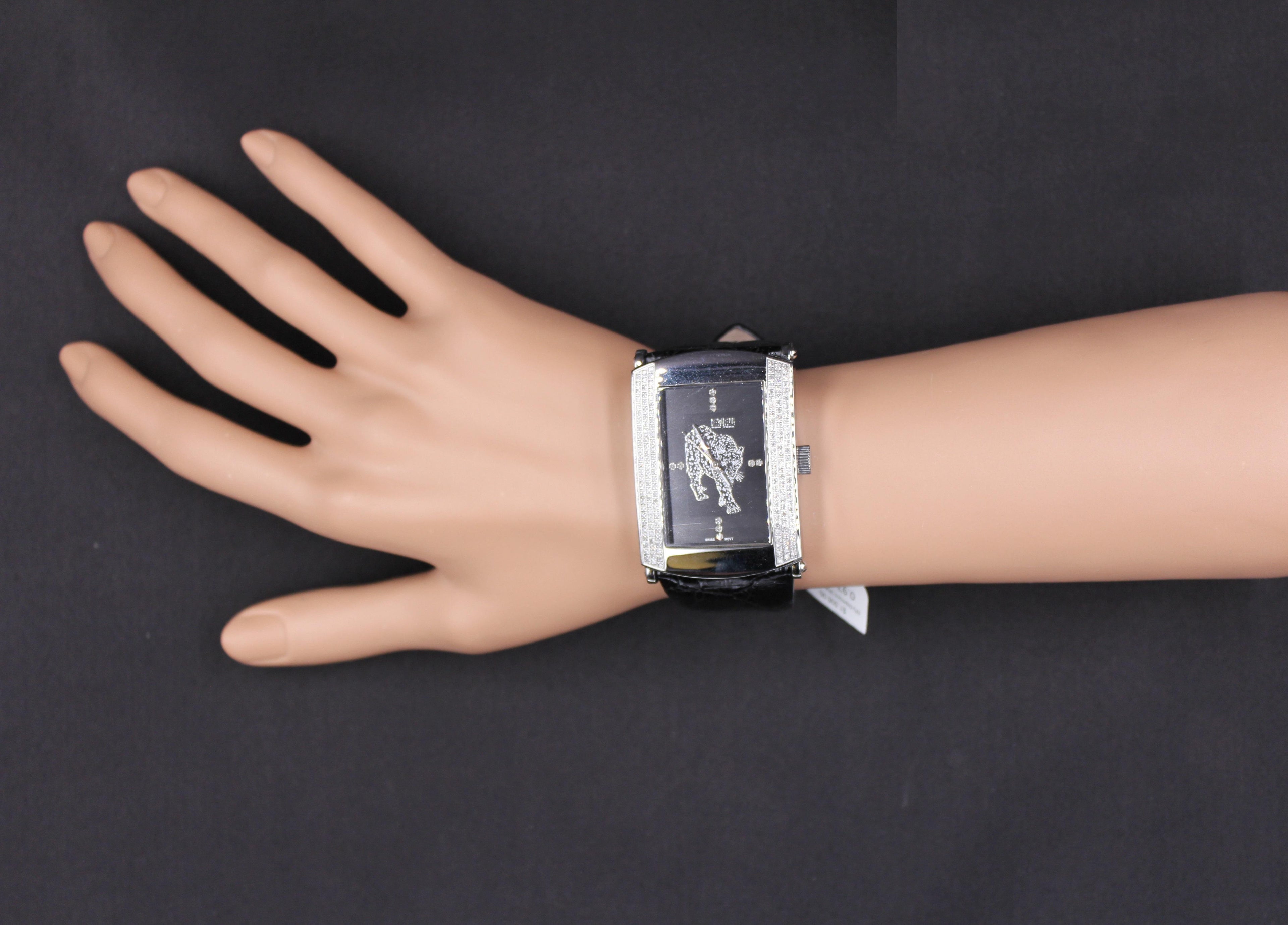 Diamonds Pave Dial Luxury Swiss Quartz Exotic Leather Band Watch