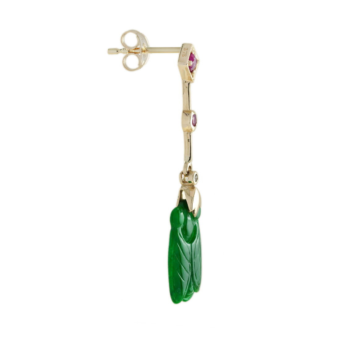 Bee Carved Jade Ruby Diamond Vintage Style Dangle 9K Gold Earrings