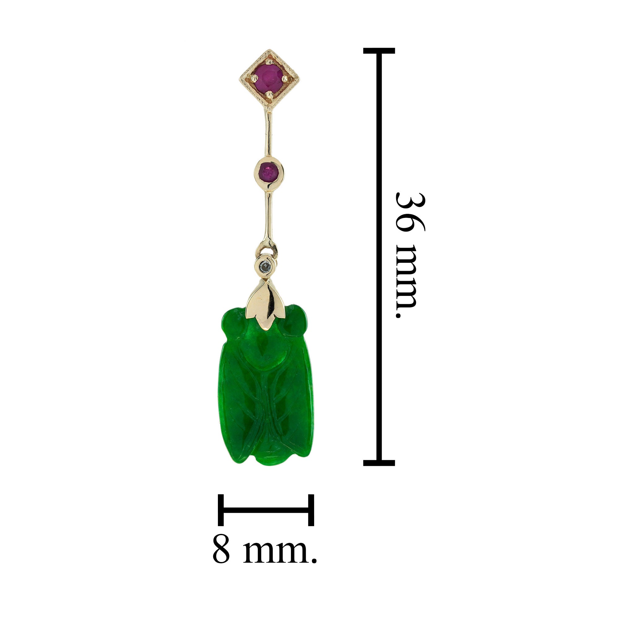 Bee Carved Jade Ruby Diamond Vintage Style Dangle 9K Gold Earrings