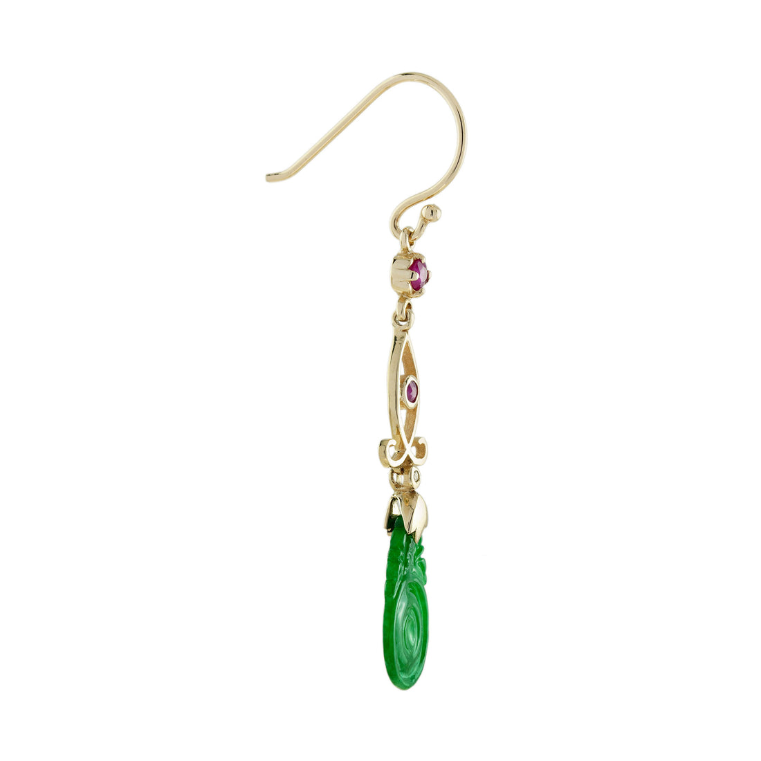 Carved Jade Ruby Diamond Vintage Style Dangle 9K Gold Earrings
