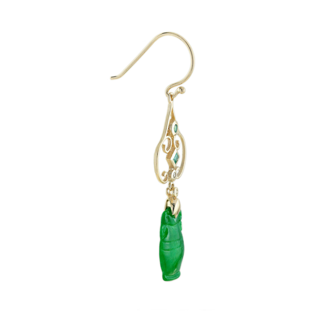 Carved Green Jade & Emerald Diamond Vintage Style Drop Gold Earrings