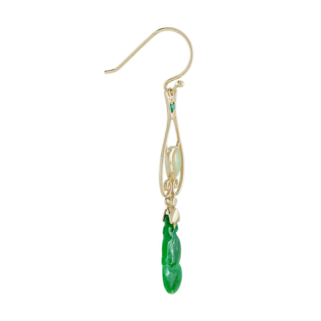 Carved Green Jade & Opal Emerald and Diamond Vintage Style Drop Gold Earrings