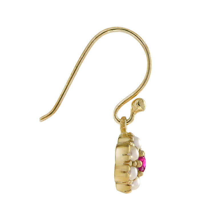 Ruby & White Pearl Vintage Style Drop Hook 14K Yellow Gold Earrings