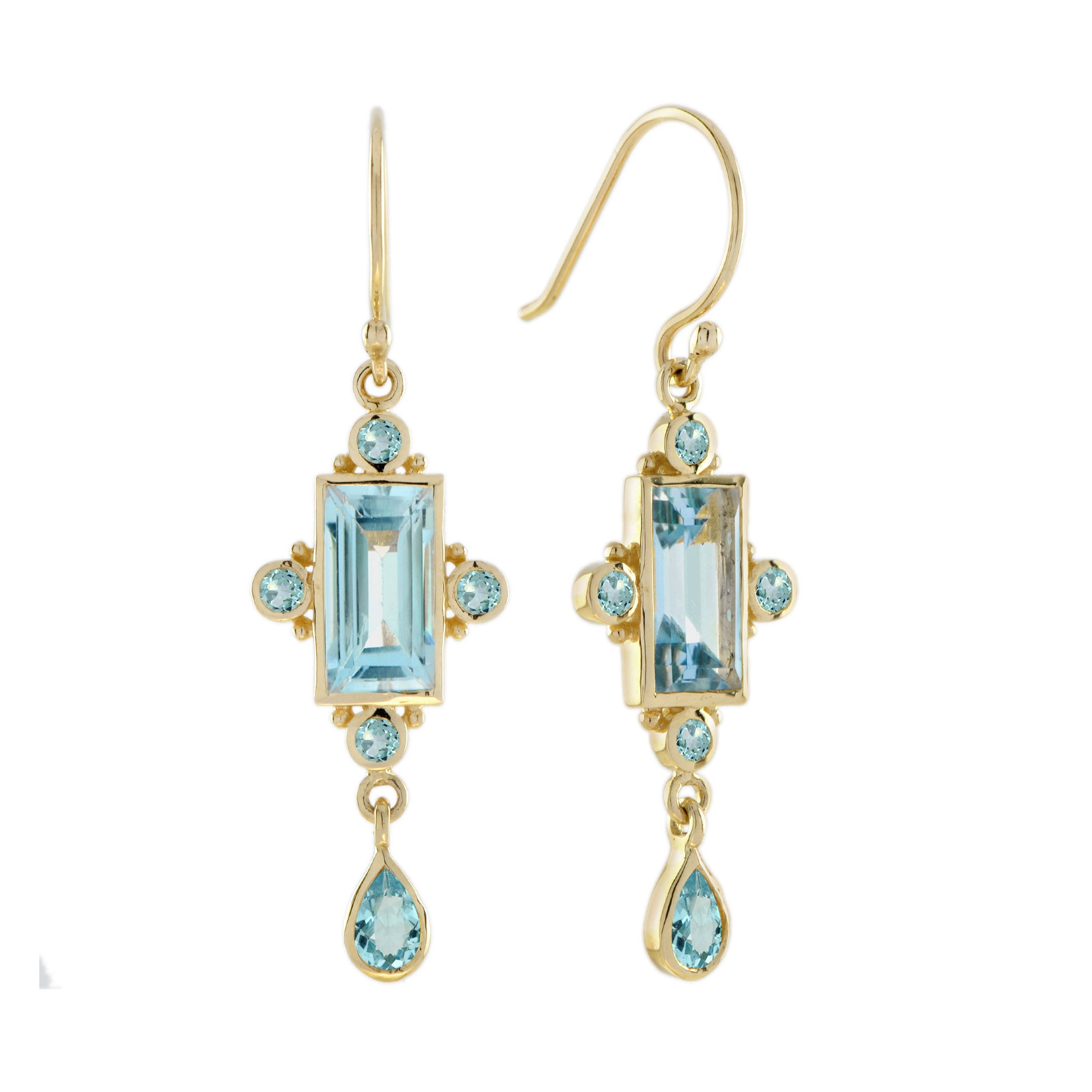 Blue Topaz Vintage Style 14K Yellow Gold Dangle Drop Earrings
