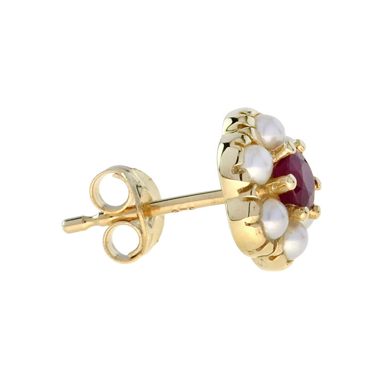 Ruby & White Pearl Vintage Style Drop Hook 14K Yellow Gold Stud Earrings