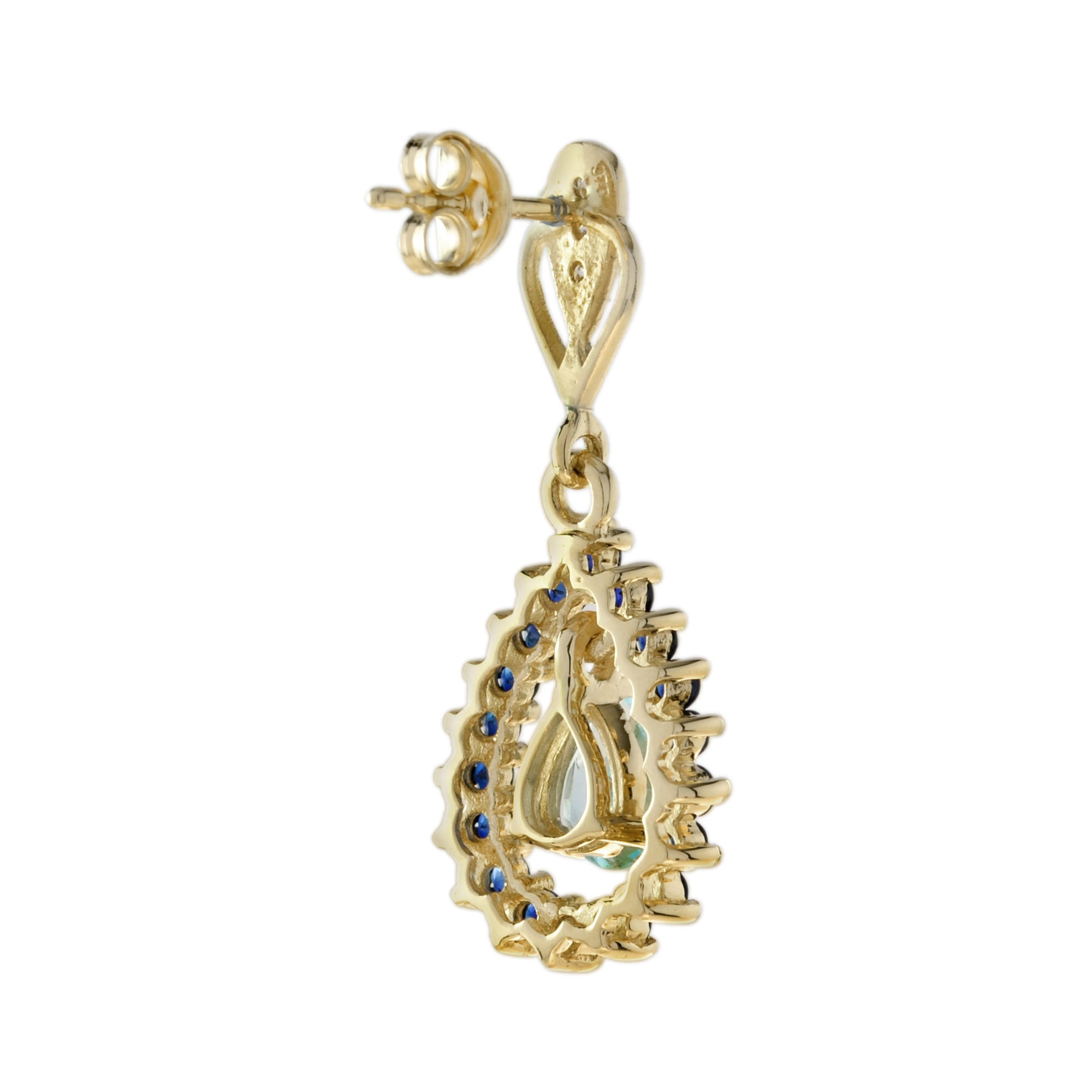 Pear Shape Blue Topaz & Blue Sapphire Diamond Frame Drop 14K Gold Earrings