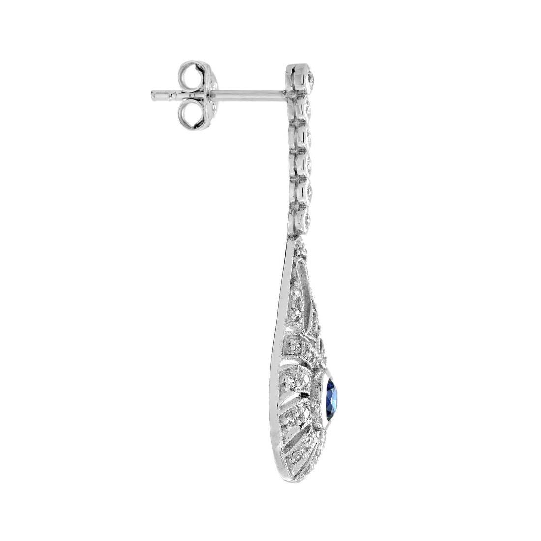 Blue Sapphire Diamond Art Deco Style Drop Dangle 14K White Gold Earrings