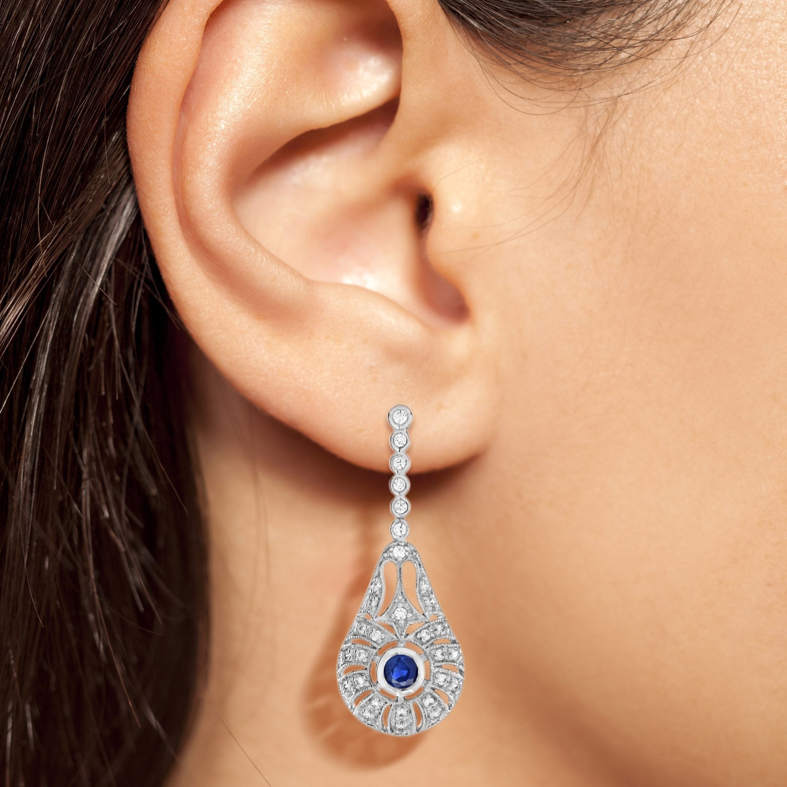 Blue Sapphire Diamond Art Deco Style Drop Dangle 14K White Gold Earrings