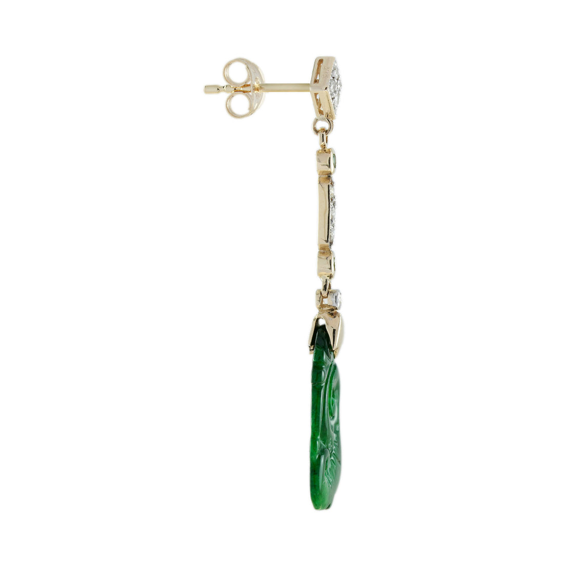 Carved Jade Emerald Diamond Vintage Style Dangle Earrings