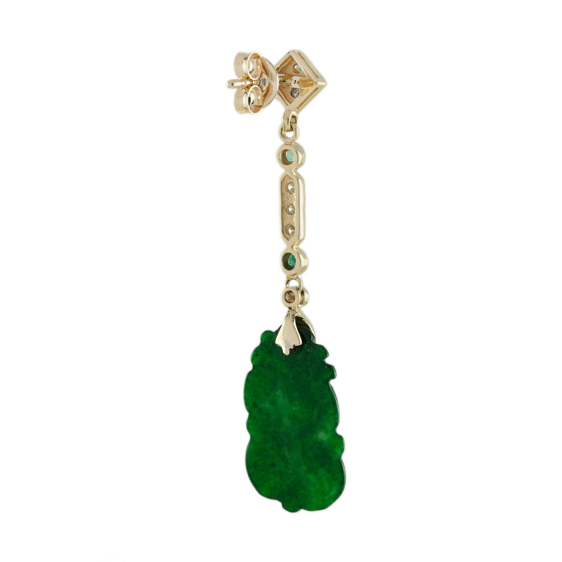 Carved Jade Emerald Diamond Vintage Style Dangle 9K Gold Earrings