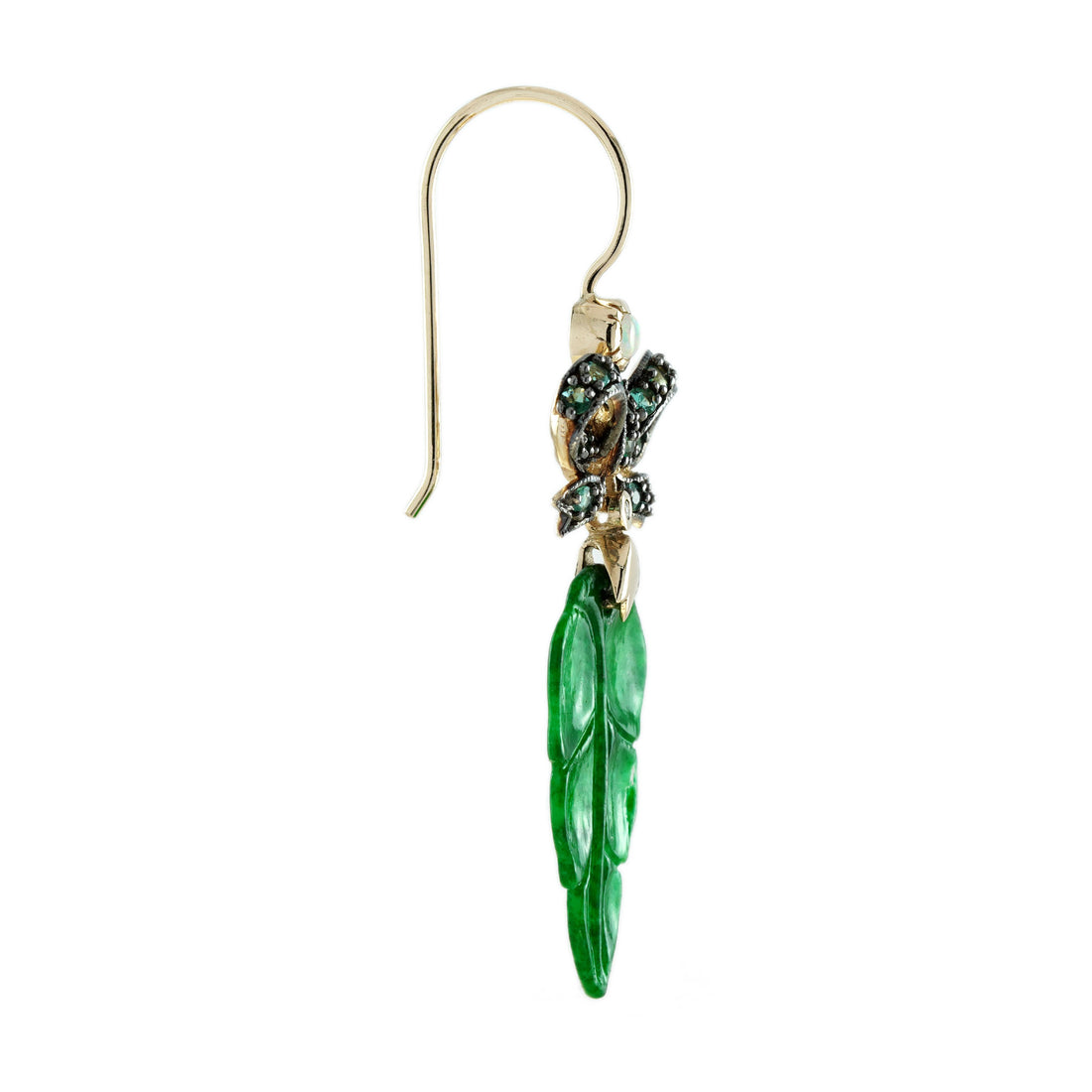Carved Green Jadeite Jade Leaf & Emerald Bow Edwardian Style Drop Gold Earrings