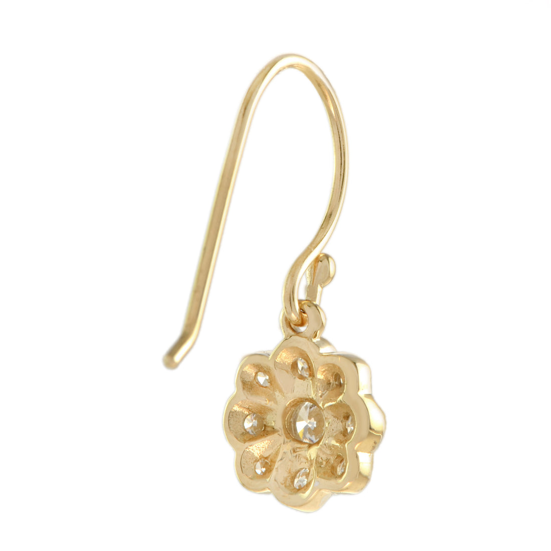 Diamond Floral Cluster Edwardian Style Drop 14K Yellow Gold Dangle Earrings