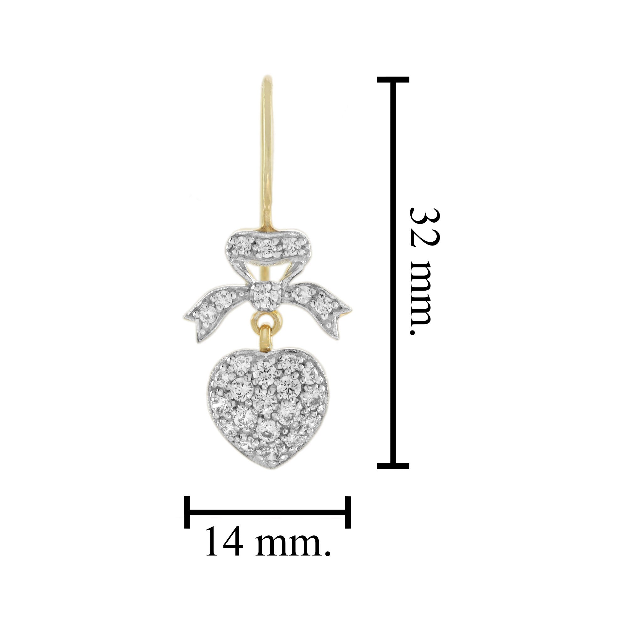 Diamond Heart & Bow Vintage Style Dangle Pave Set 14K Yellow Gold Earrings