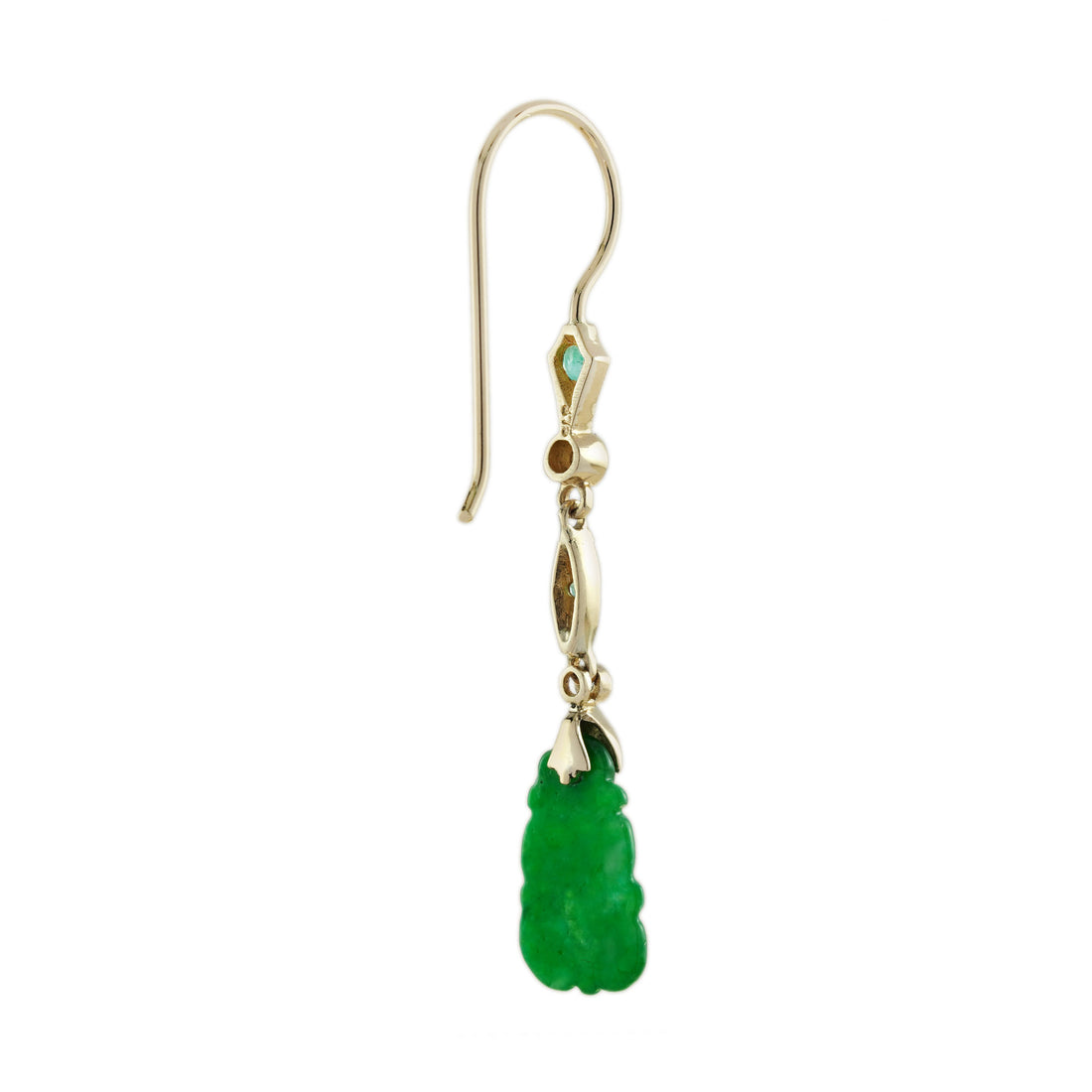 Carved Jade Pearl Emerald Diamond Vintage Style Dangle 9K Earrings