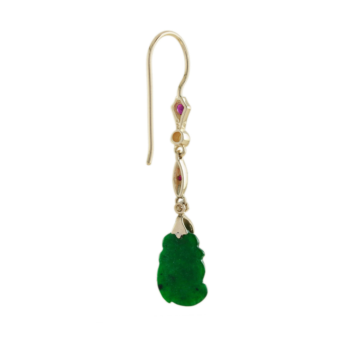 Carved Jade Pearl Ruby Diamond Vintage Style Dangle 9K Gold Earrings