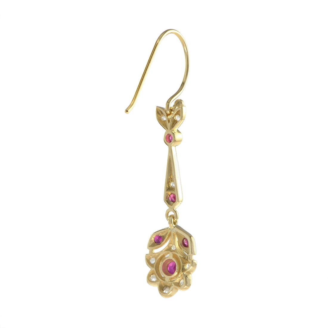 Red Pink Ruby & Diamond Vintage Style Floral Drop 14K Yellow Gold Earrings