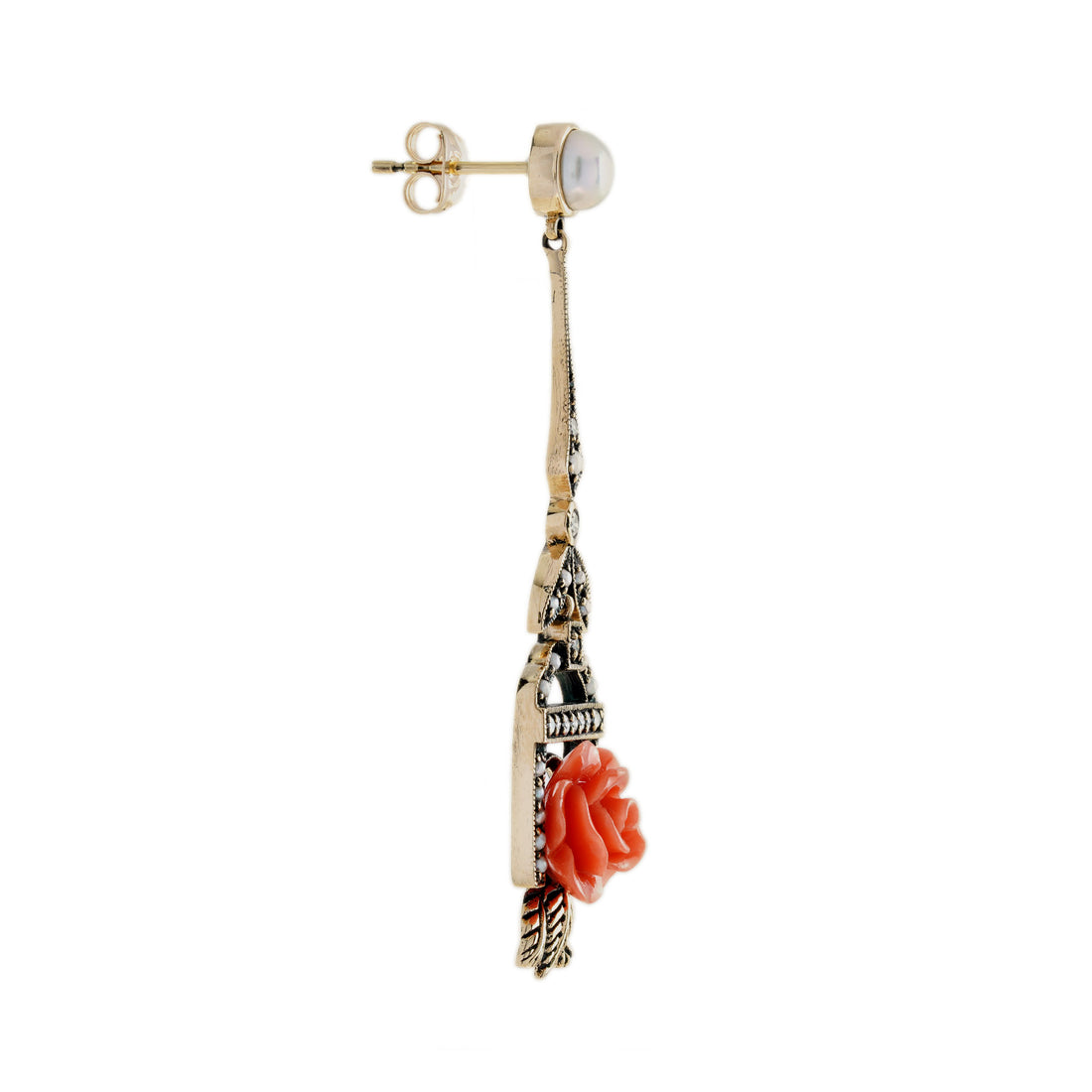 Rose Carved Coral Pearl Diamond Vintage Style Drop 9K Gold Earrings