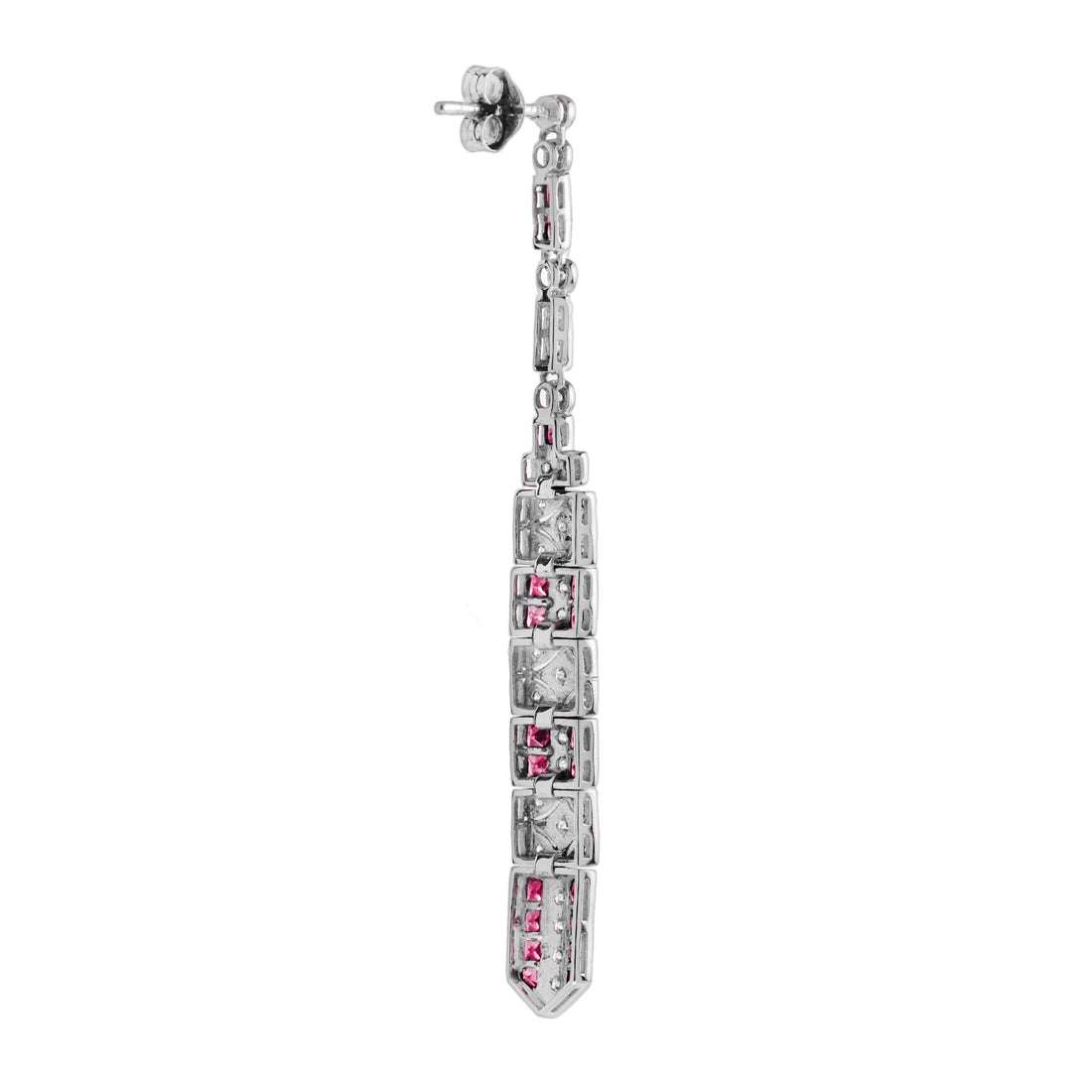 Diamond & Ruby Art Deco Inspired Style Bar Drop 14K White Gold Dangle Earrings