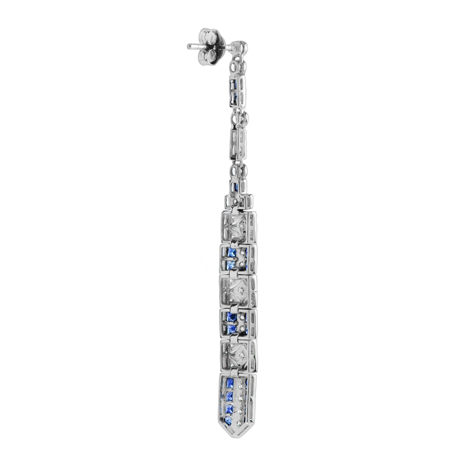Diamond & Blue Sapphire Art Deco Style Bar Drop White Gold Dangle Drop Earrings