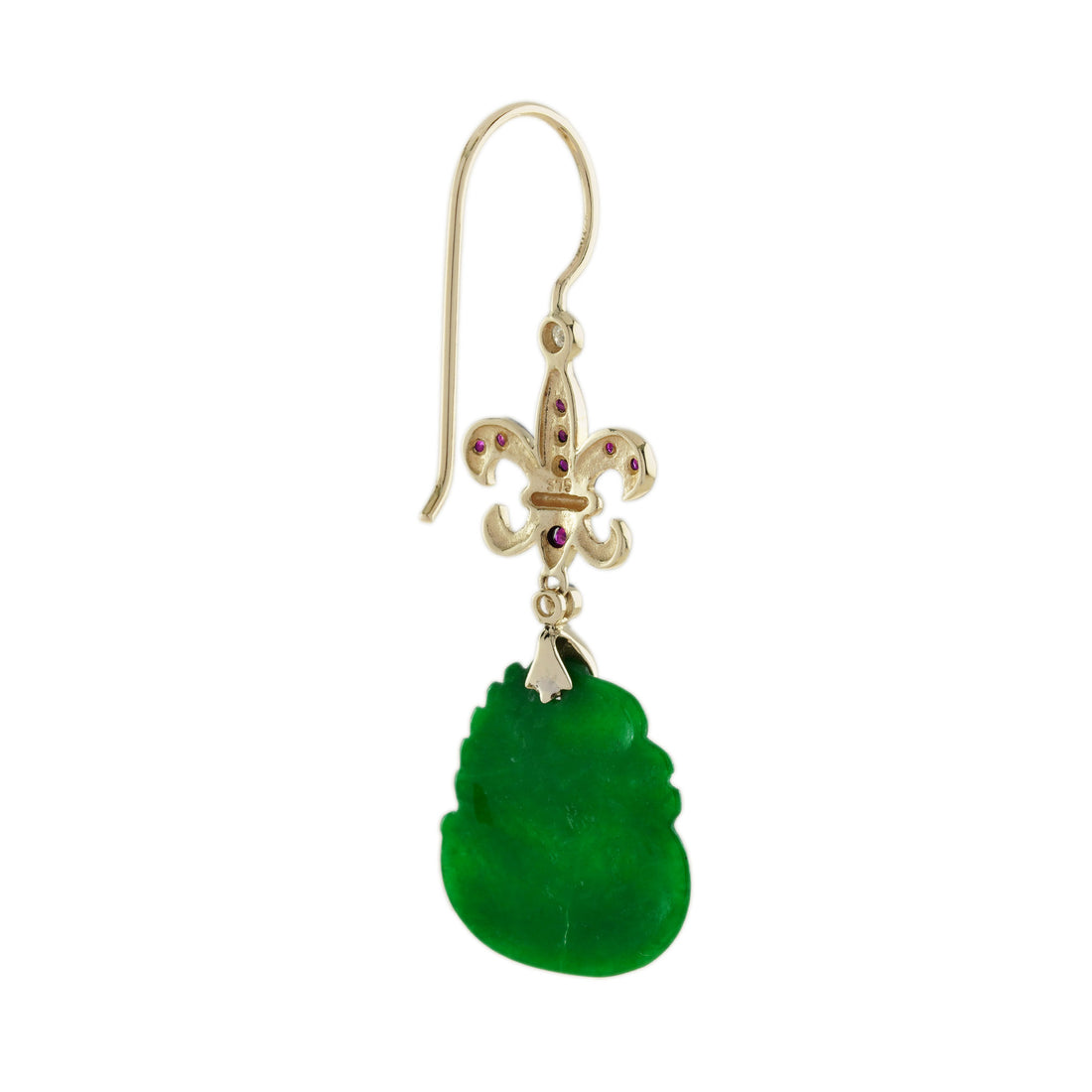 Swan Carved Jade Ruby Diamond Vintage Style Dangle 9K Gold Earrings