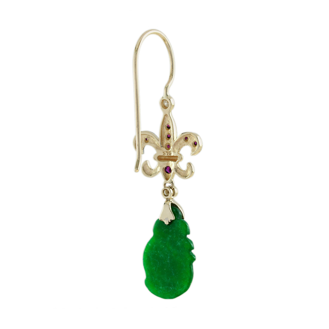 Carved Jade Ruby Diamond Fleur De Lis Vintage Style Dangle Gold Earrings
