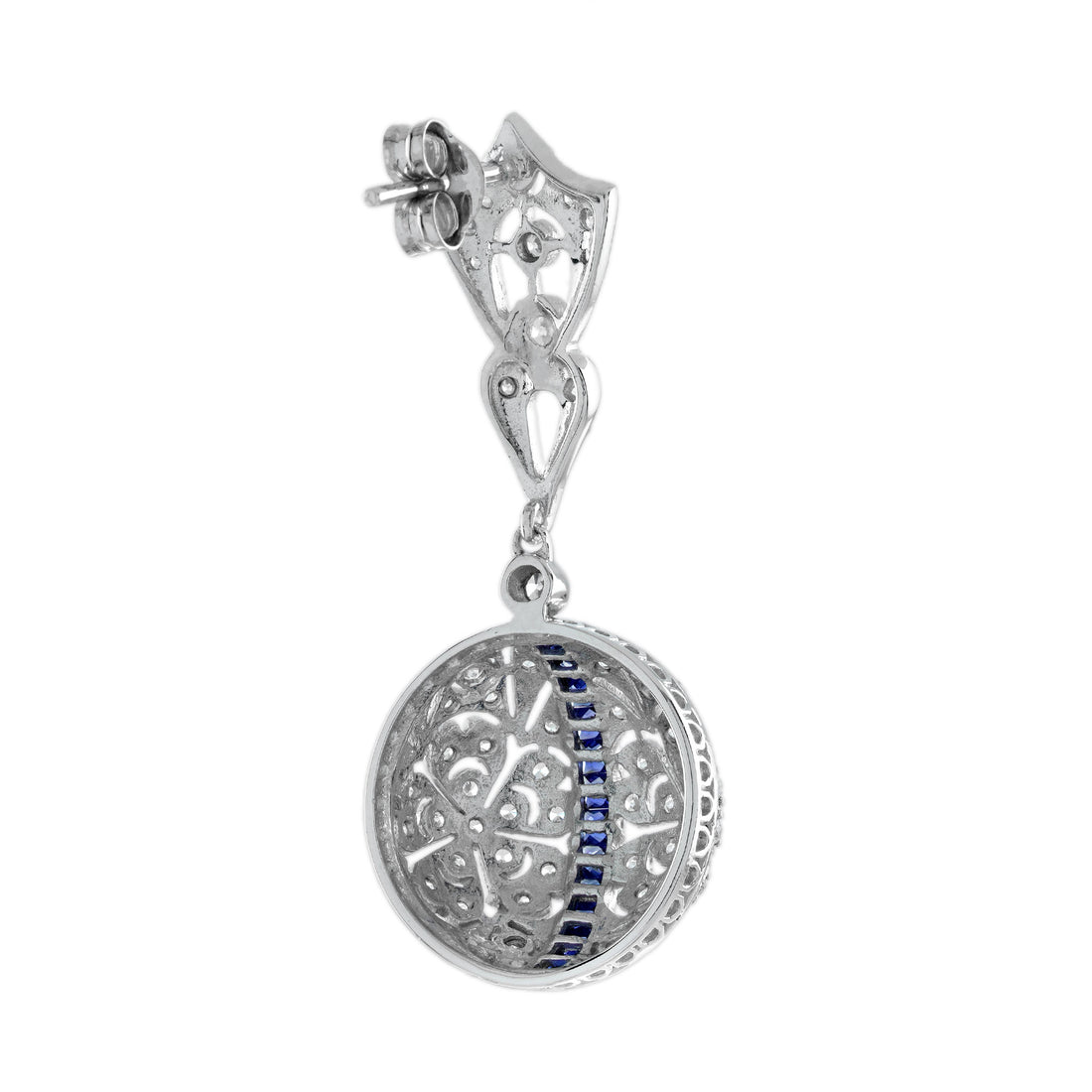 Blue Sapphire & Diamond Edwardian Style Openwork Dangle White Gold Drop Earrings