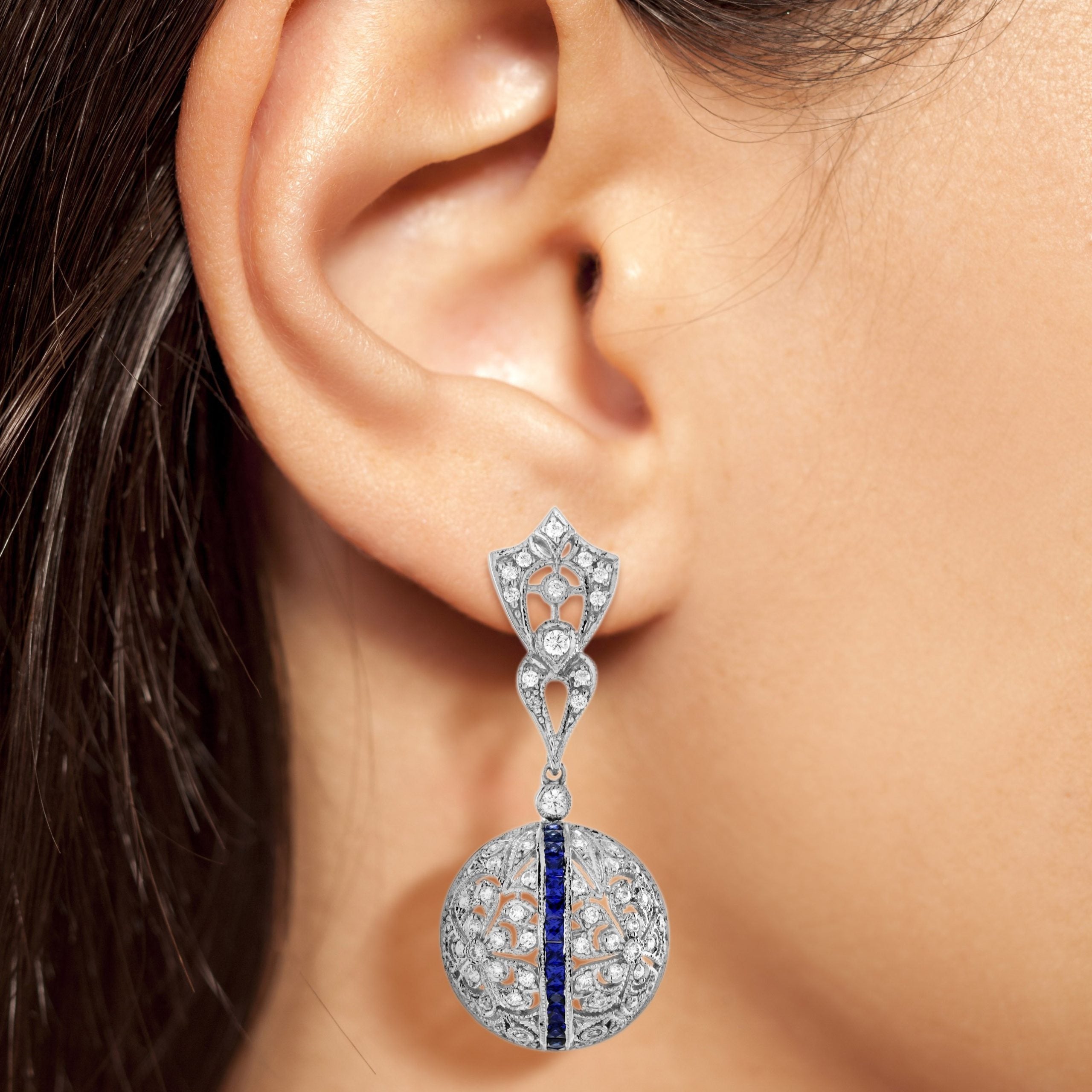 Blue Sapphire & Diamond Edwardian Style Openwork Dangle White Gold Drop Earrings