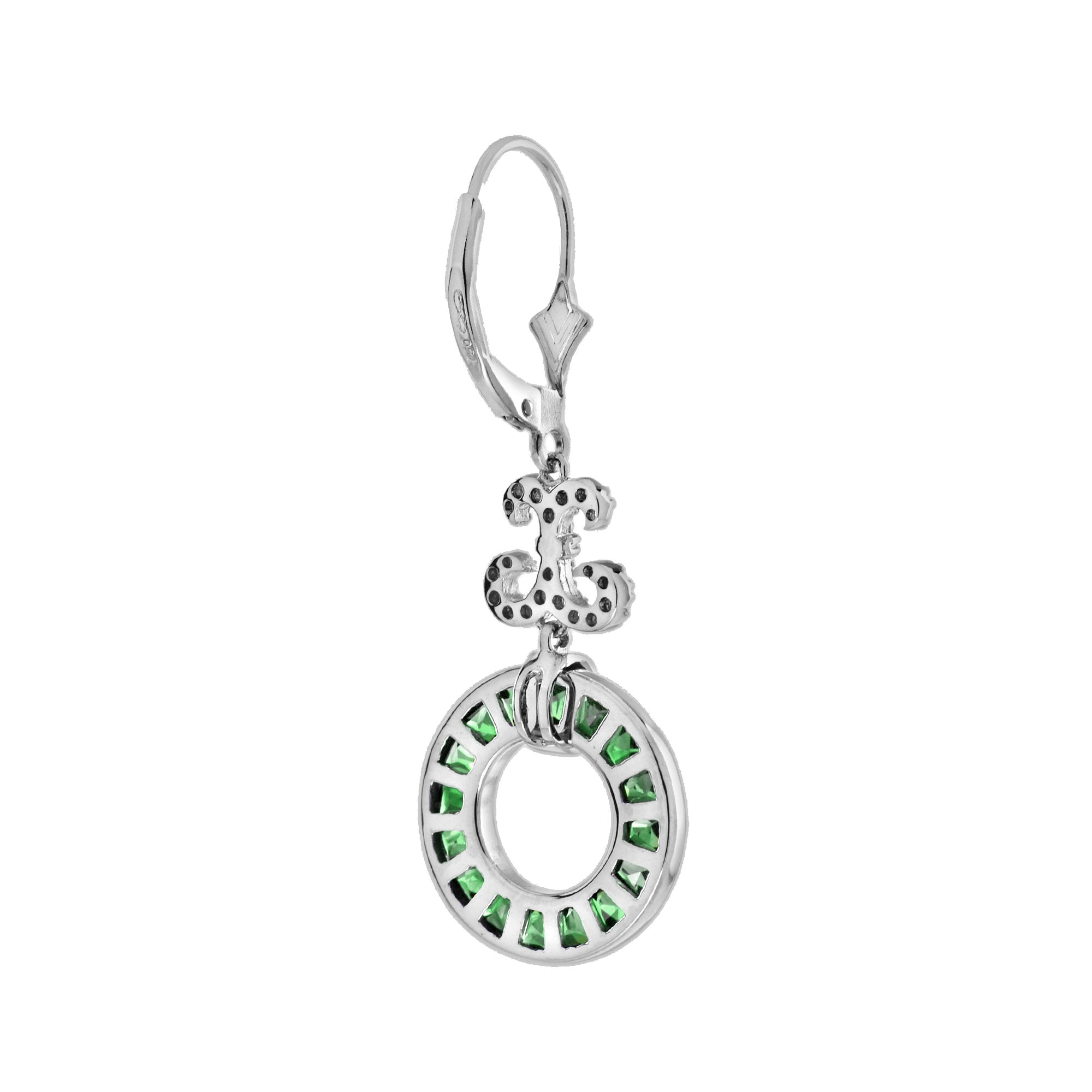 Green Emerald & Diamond Round Openwork Motif Drop 14K White Gold Earrings