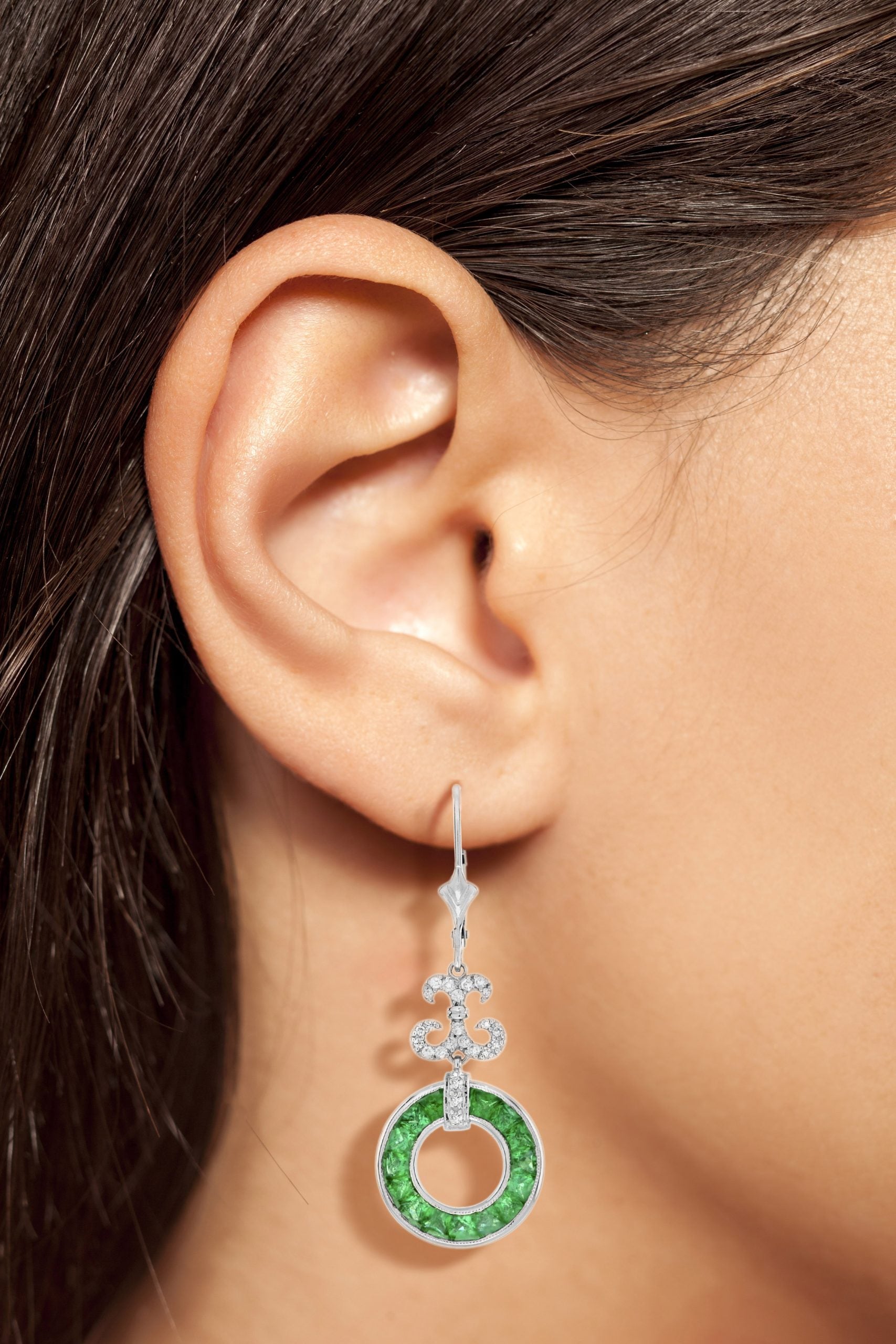 Green Emerald & Diamond Round Openwork Motif Drop 14K White Gold Earrings