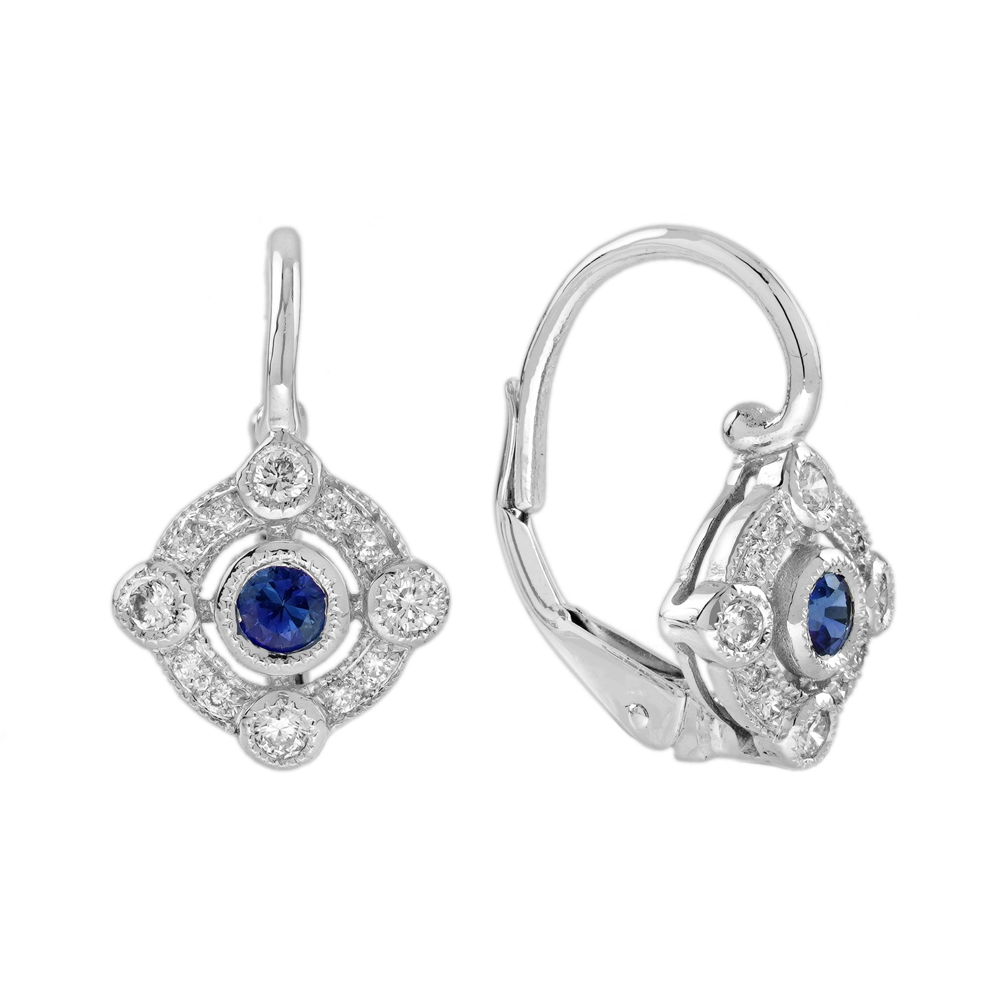 Blue Sapphire & Diamond Edwardian Vintage Style Target Drop White Gold Earrings