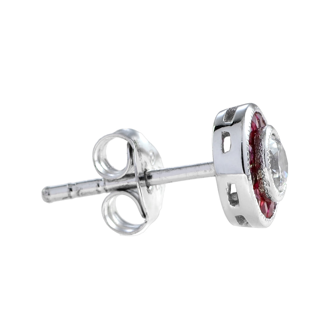 3.5m Round White Diamond & Red Pink Ruby Art Deco Style Stud White Gold Earrings