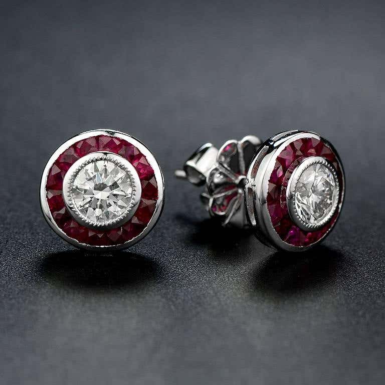 Art Deco Style Round Diamond & Ruby Fancy Cut Halo Stud 14K White Gold Earrings