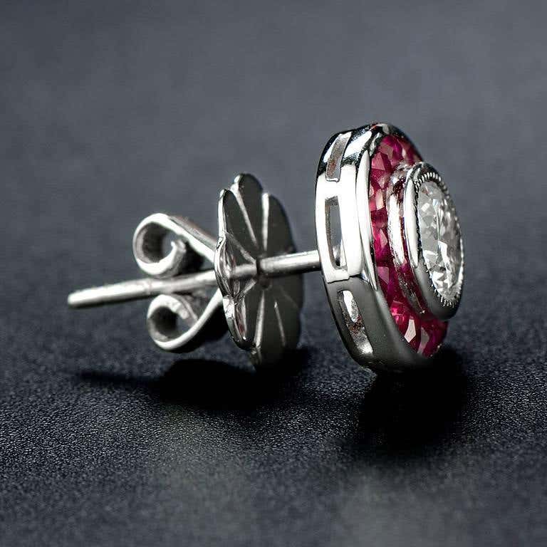 Art Deco Style Round Diamond & Ruby Fancy Cut Halo Stud 14K White Gold Earrings