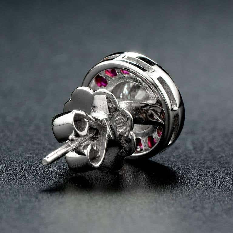 Art Deco Style Round Diamond & Ruby Fancy Cut Halo Stud 14K White Gold Earrings