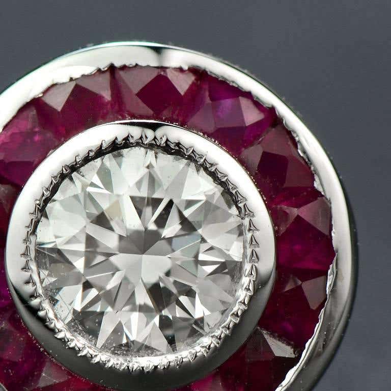 Art Deco Style Round Diamond & Ruby Fancy Cut Halo Stud 14K White Gold Earrings