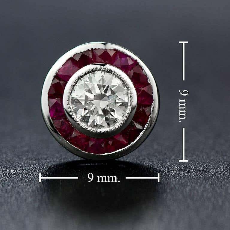 Art Deco Style Round Diamond & Ruby Fancy Cut Halo Stud 14K White Gold Earrings