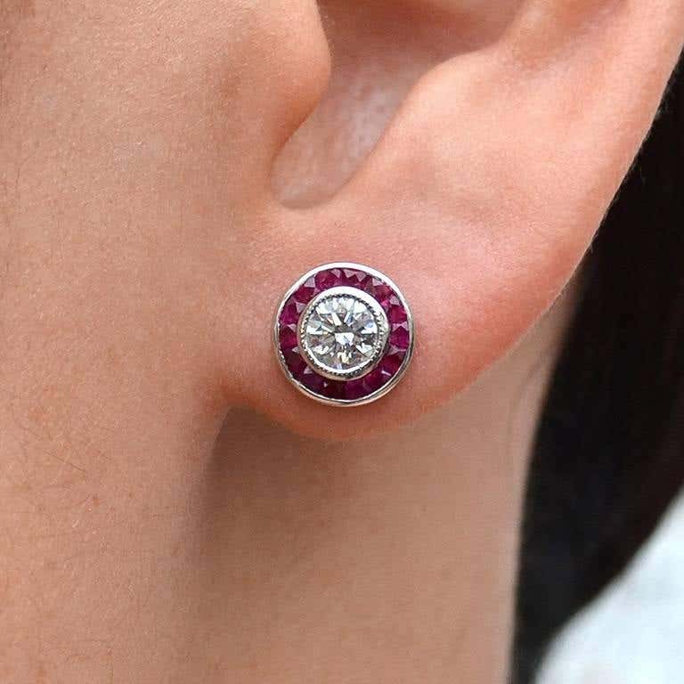 Art Deco Style Round Diamond & Ruby Fancy Cut Halo Stud 14K White Gold Earrings