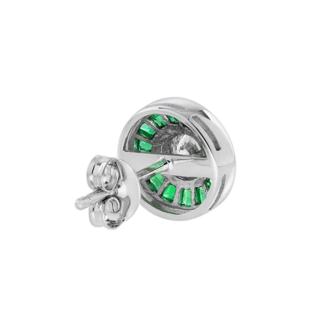 Diamond & Green Emerald Vintage Inspired Art Deco Style White Gold Stud Earrings
