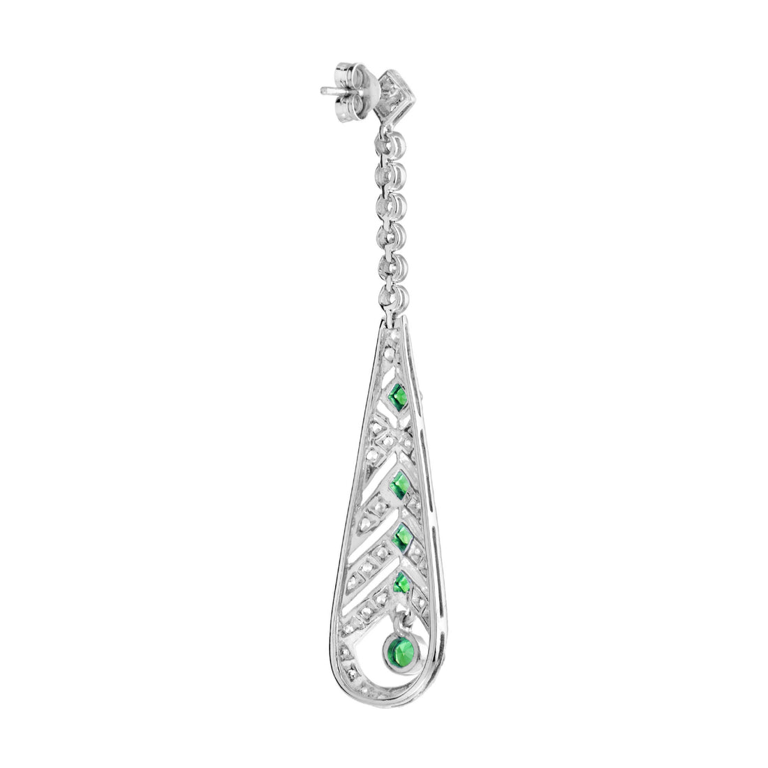 Green Emerald & Diamond Art Deco Style Drop 14K White Gold Earrings