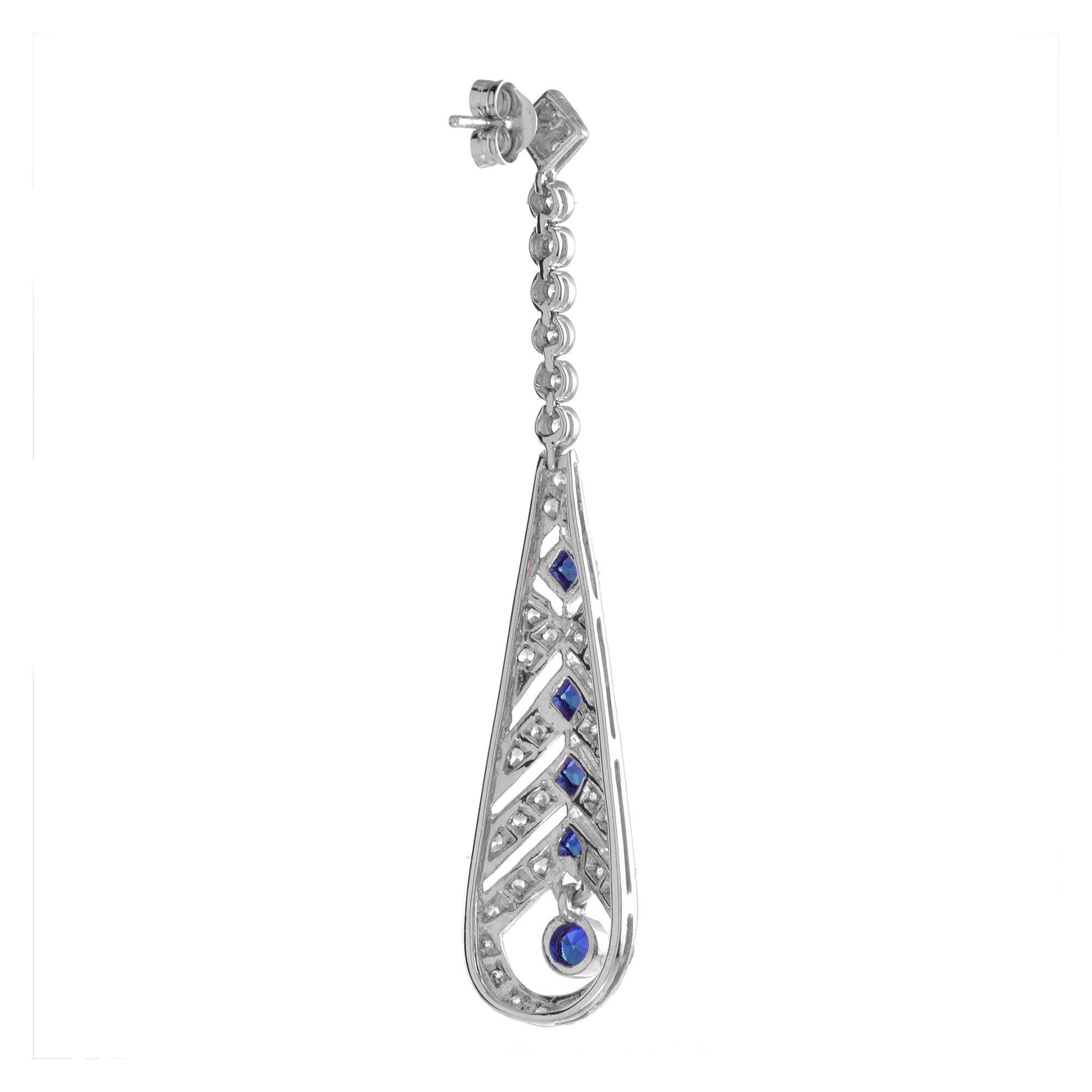Blue Sapphire & Diamond Art Deco Style Openwork Dangle White Gold Earrings