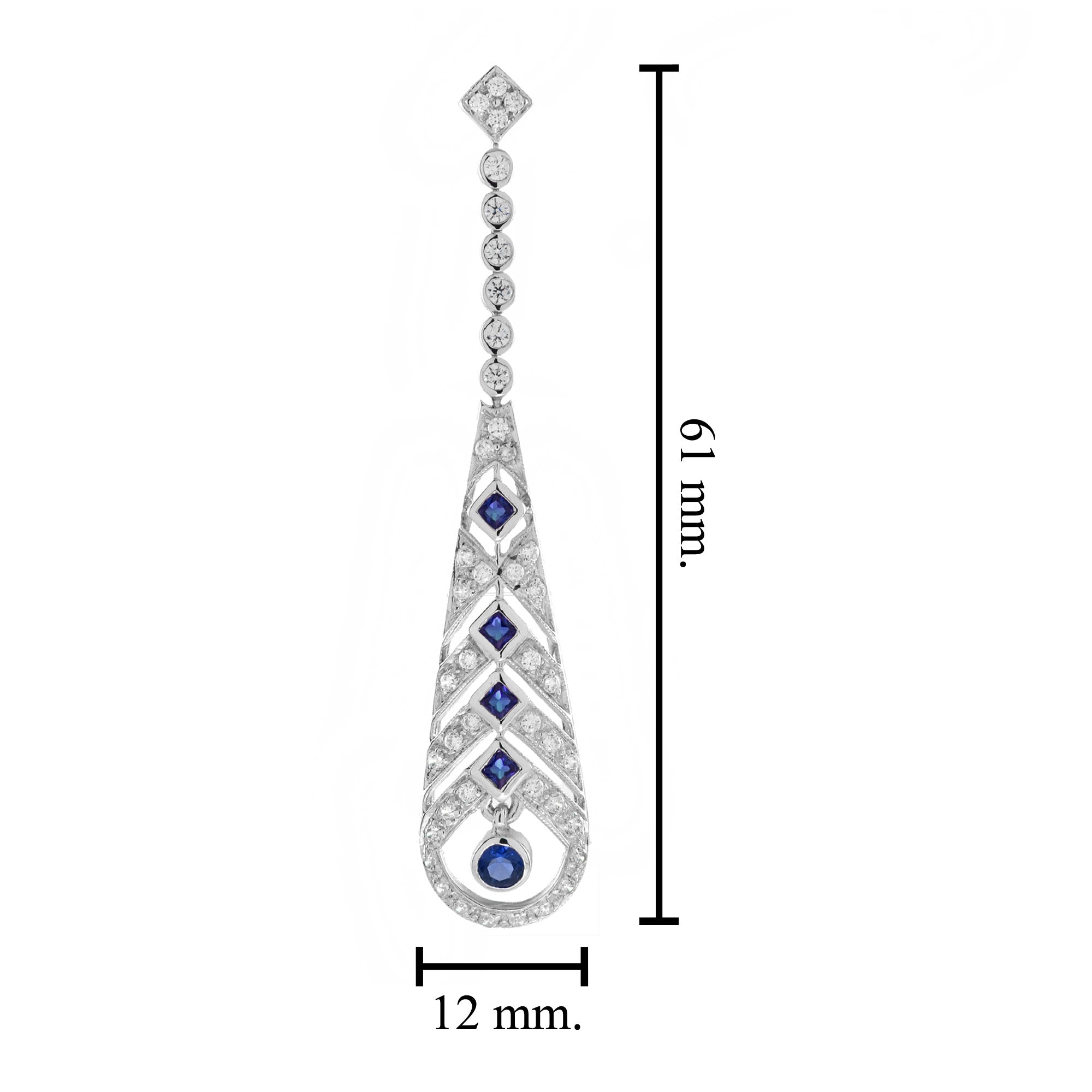 Blue Sapphire & Diamond Art Deco Style Openwork Dangle White Gold Earrings