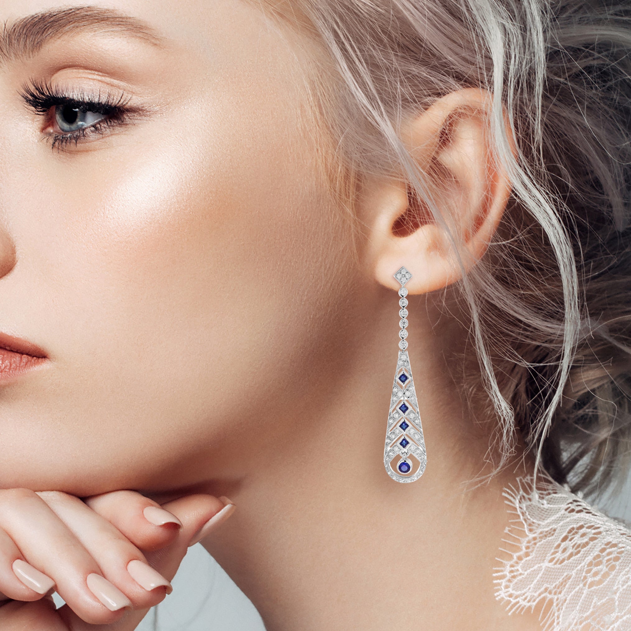 Blue Sapphire & Diamond Art Deco Style Openwork Dangle White Gold Earrings
