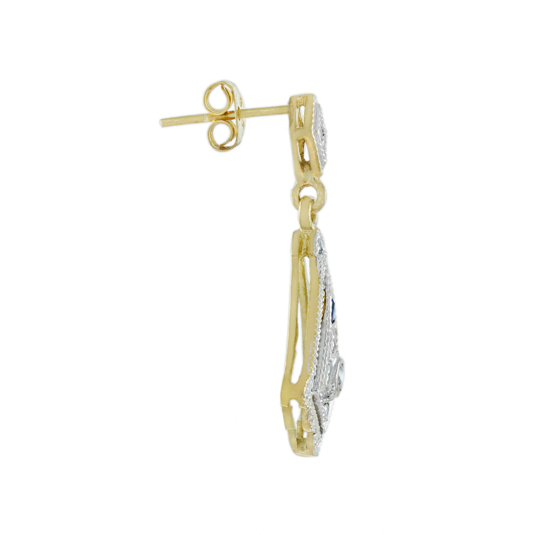 Diamond Art Deco Style Drop 14K Two Tone Gold Dangle Earrings