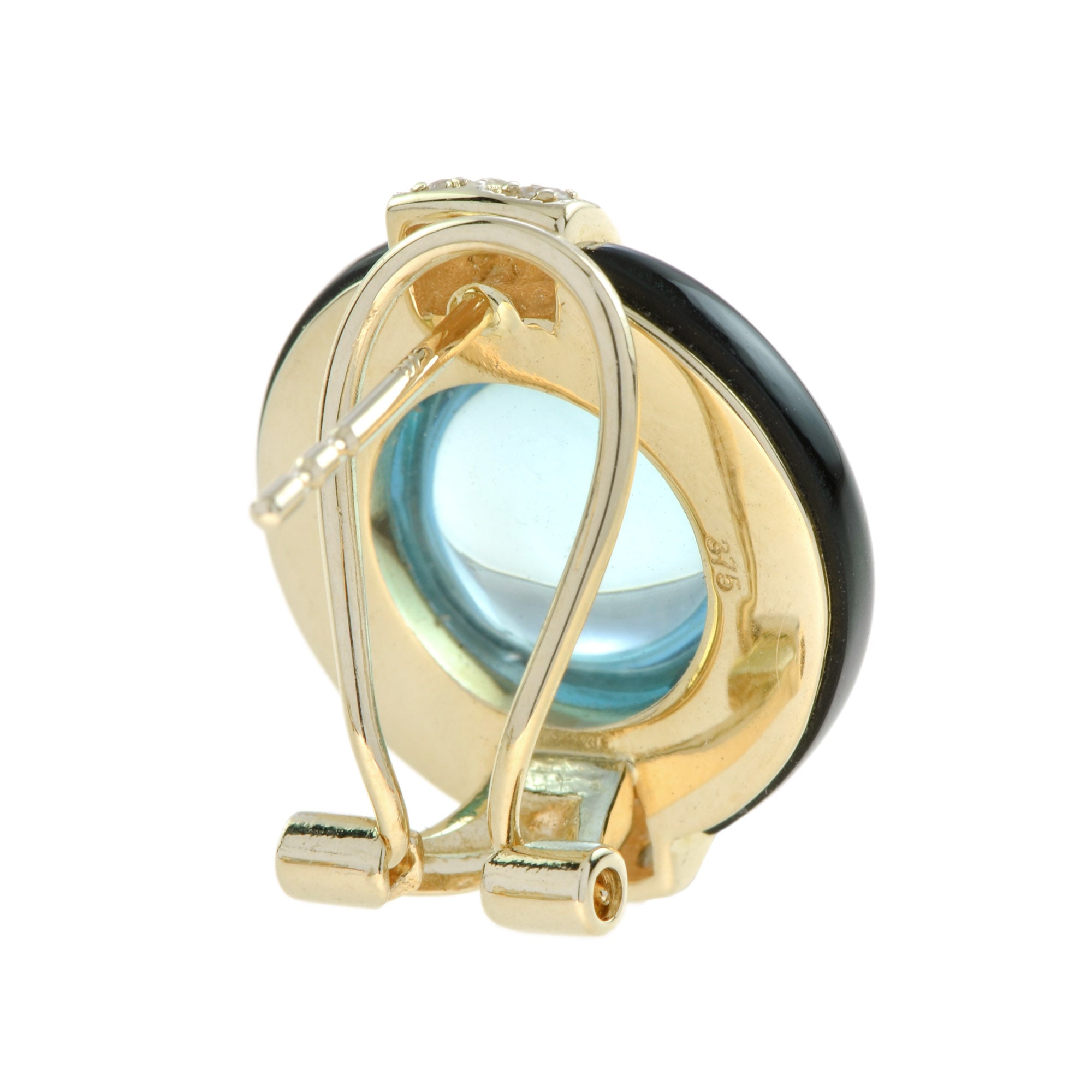 Round Cabochon Blue Topaz & Onyx Diamond Halo 14K Yellow Gold Studs Earrings