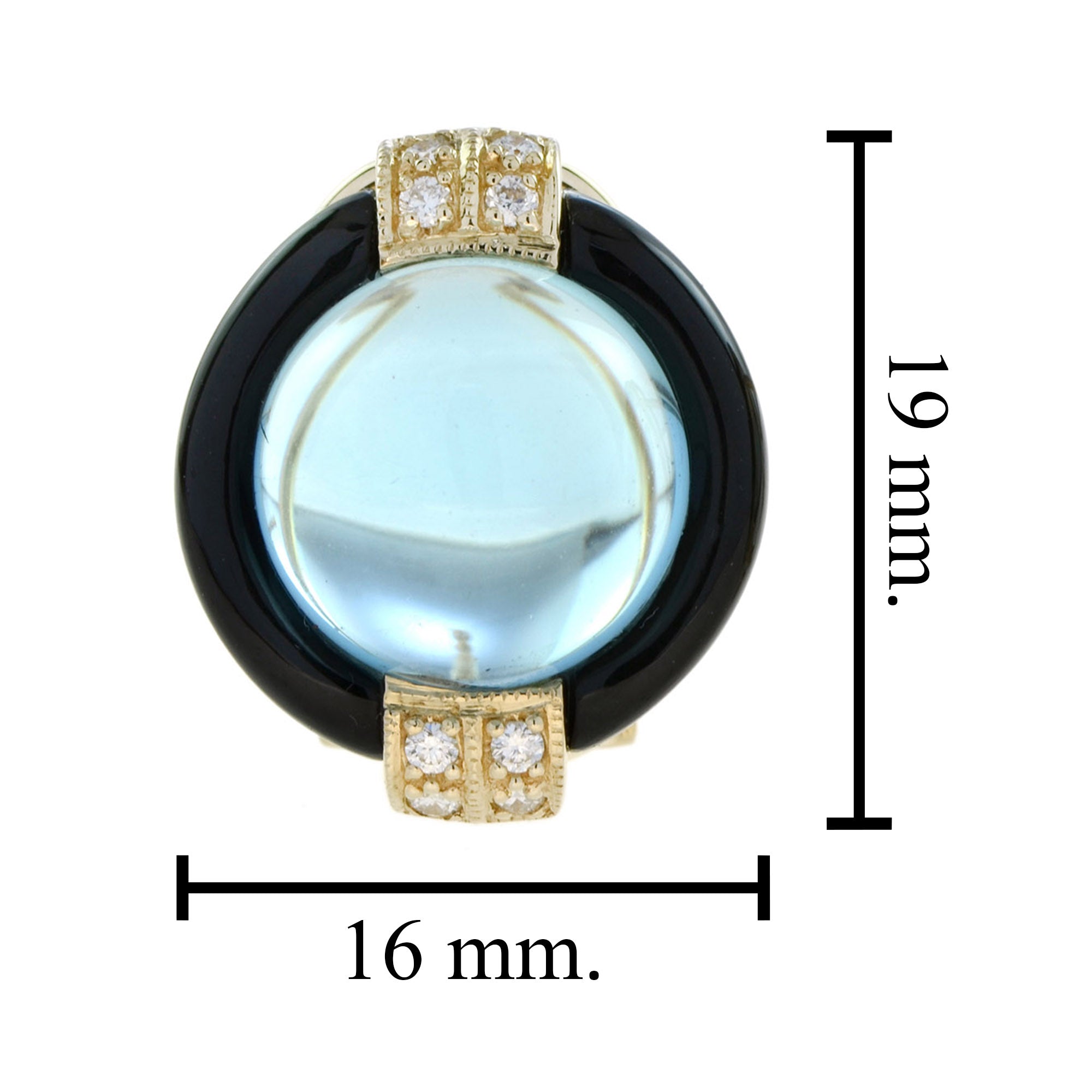 Round Cabochon Blue Topaz & Onyx Diamond Halo 14K Yellow Gold Studs Earrings