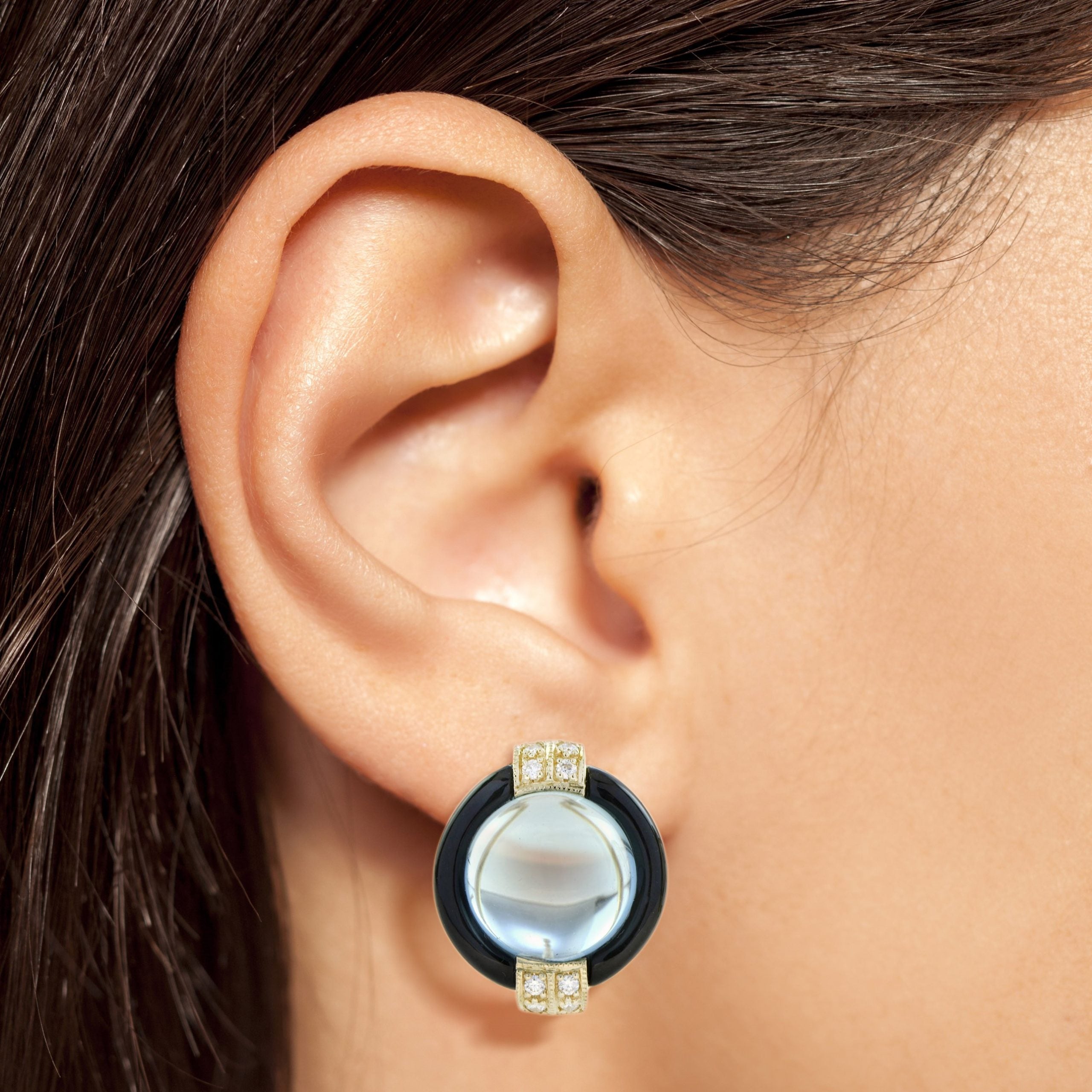 Round Cabochon Blue Topaz & Onyx Diamond Halo 14K Yellow Gold Studs Earrings